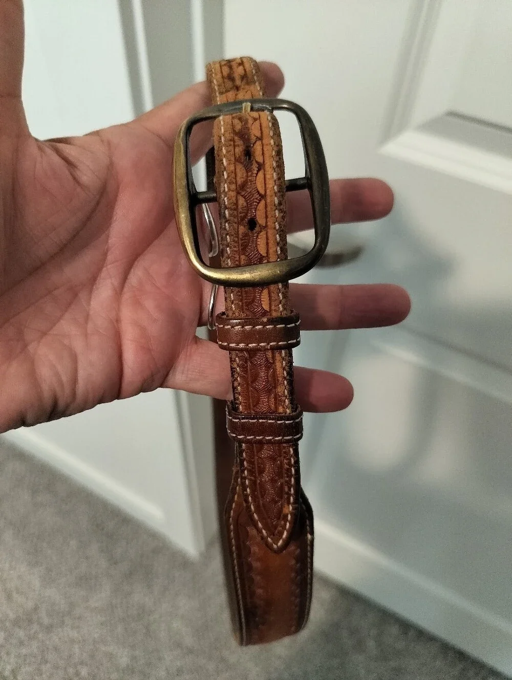 Hand Tooled Leather Western Ranger Belt 36 Aged Honest Wear Strong True Vintage
